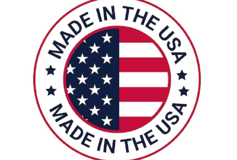 Made in the USA circular origin label graphic in red, white, and blue
